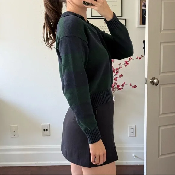 Aritzia Navy and Green Striped Collared V-Neck Sweater - Picture 2 of 4